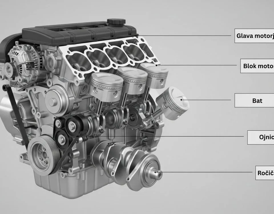 Shematski prikaz, ki pojasnjuje glavne dele motorja: blok, glava, bati in ostale pomembne komponente.