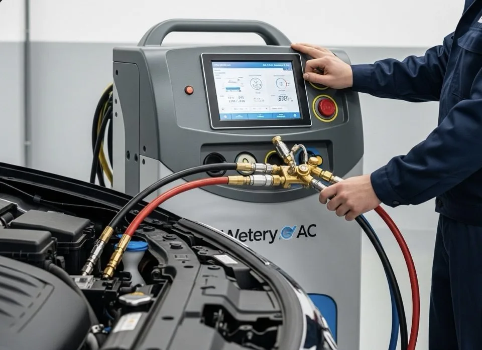Strokovno polnjenje avto klime z namensko polnilno postajo v naši delavnici v Mariboru. Professioneller Klimaservice und Klimaanlage befüllen für Kunden aus der Steiermark.