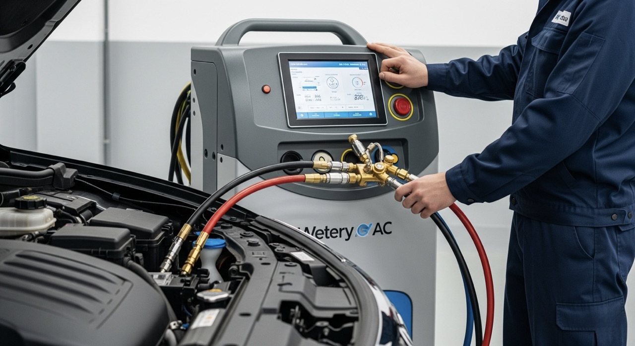 Strokovno polnjenje avto klime z namensko polnilno postajo v naši delavnici v Mariboru. Professioneller Klimaservice und Klimaanlage befüllen für Kunden aus der Steiermark.