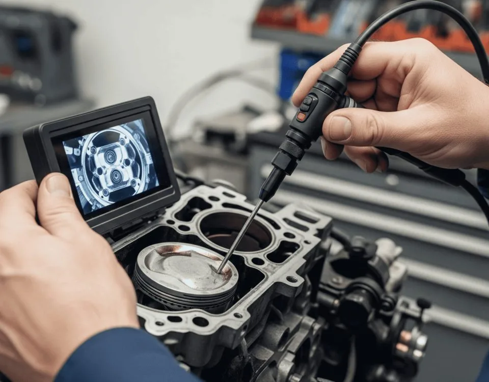Diagnostika za povečano porabo olja z endoskopom v naši delavnici v Mariboru. Schema, das hohen Ölverbrauch durch verschlissene Kolbenringe erklärt.