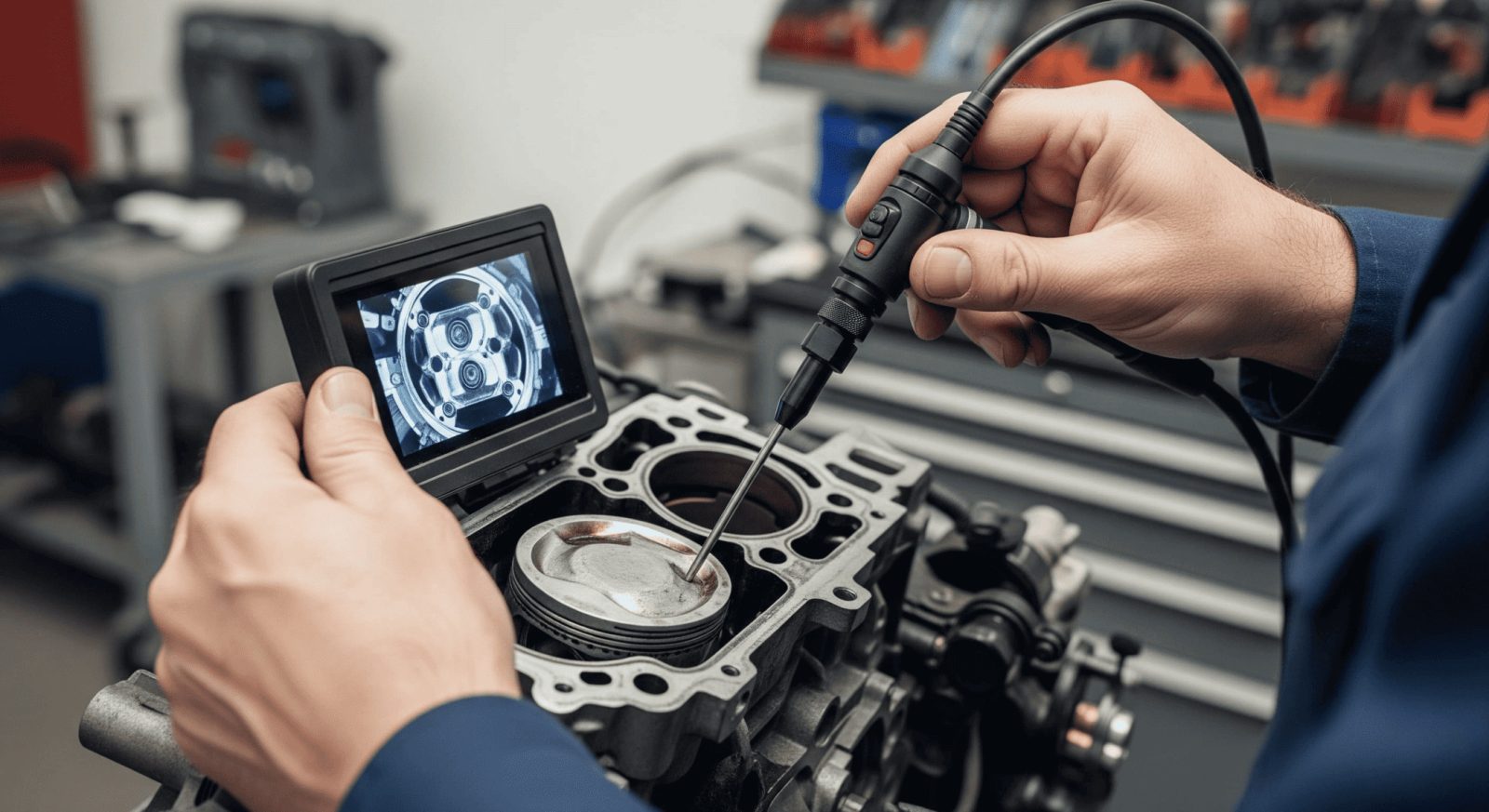 Diagnostika za povečano porabo olja z endoskopom v naši delavnici v Mariboru. Schema, das hohen Ölverbrauch durch verschlissene Kolbenringe erklärt.