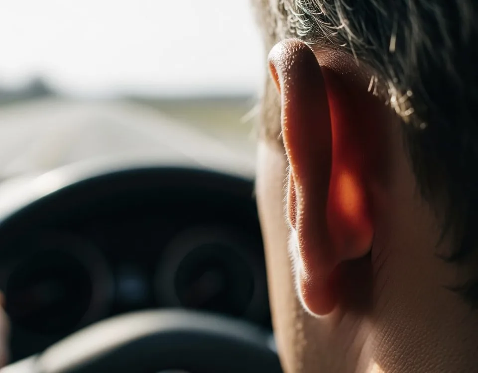 Voznik pozorno posluša čuden zvok pri zaviranju, ki je lahko znak za potrebnen servis.