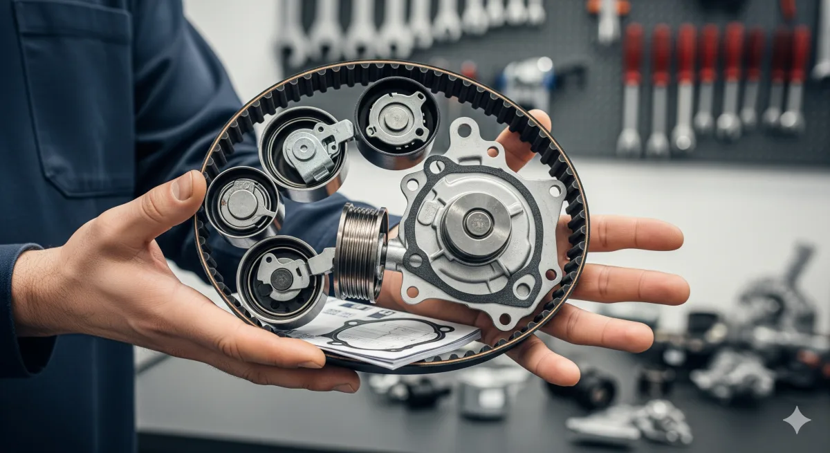 Komplet za veliki servis, ki vključuje zobati jermen, napenjalce in vodno črpalko.